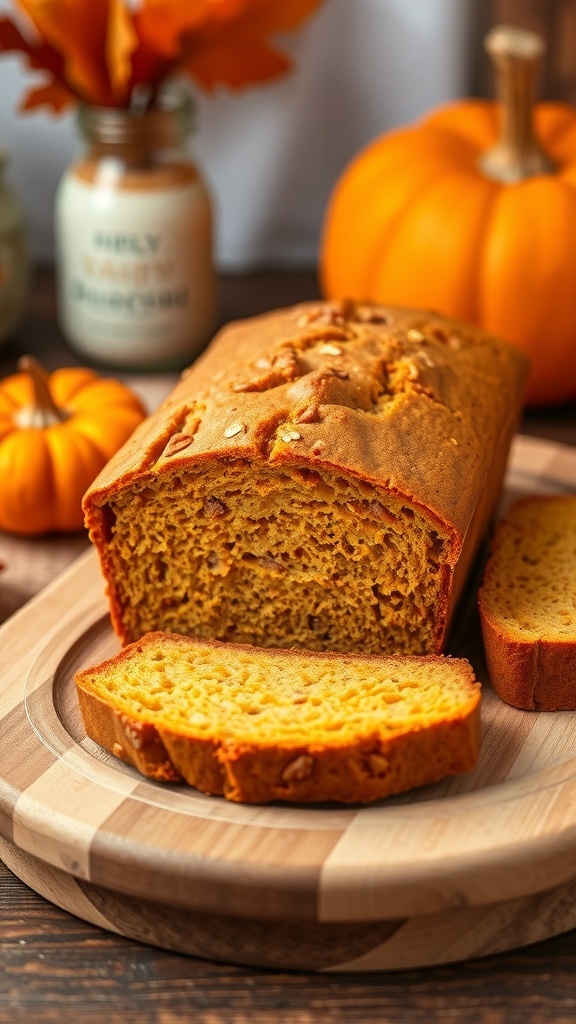 A golden-brown loaf of pumpkin bread made with oat flour, sliced and displayed on a wooden board with autumn leaves in the background.